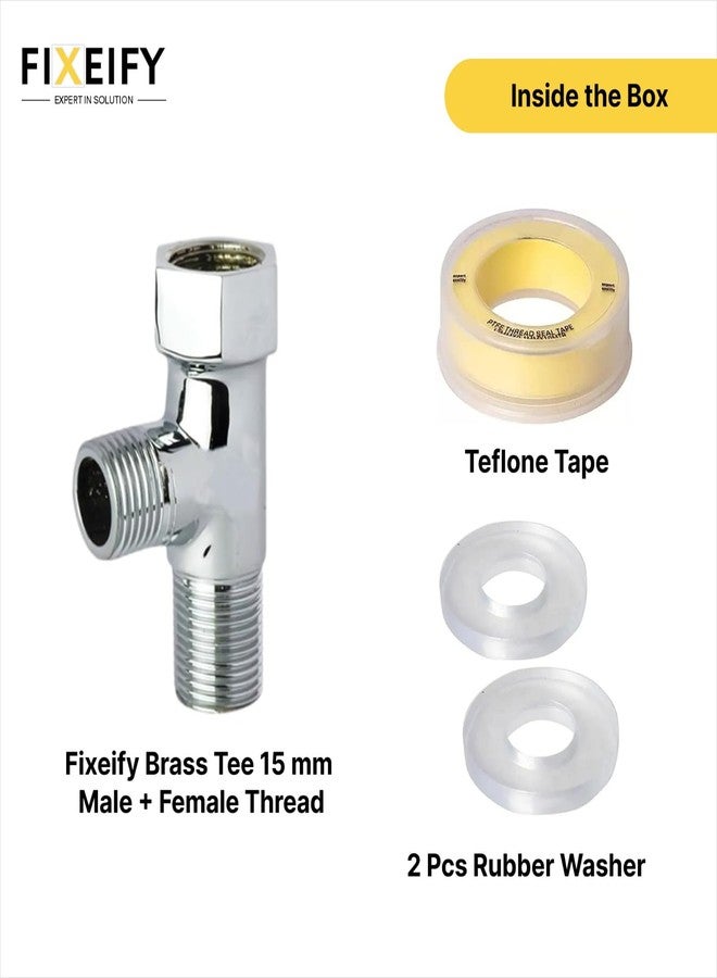Fixeify Brass Tee Male+Female Thread|15mm (1/2") Inner & Outer Thread|Multi-Functional 3-Way Pipe Fitting for Water Supply, Plumbing with Teflon Tape and 2 Rubber Washers (Tee Connector, 2, Pack) - Image 5